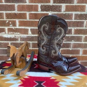 FERRINI WOMENS PRINT ALLIGATOR BOOTS Brown Embroidered Snip Toe SZ 7